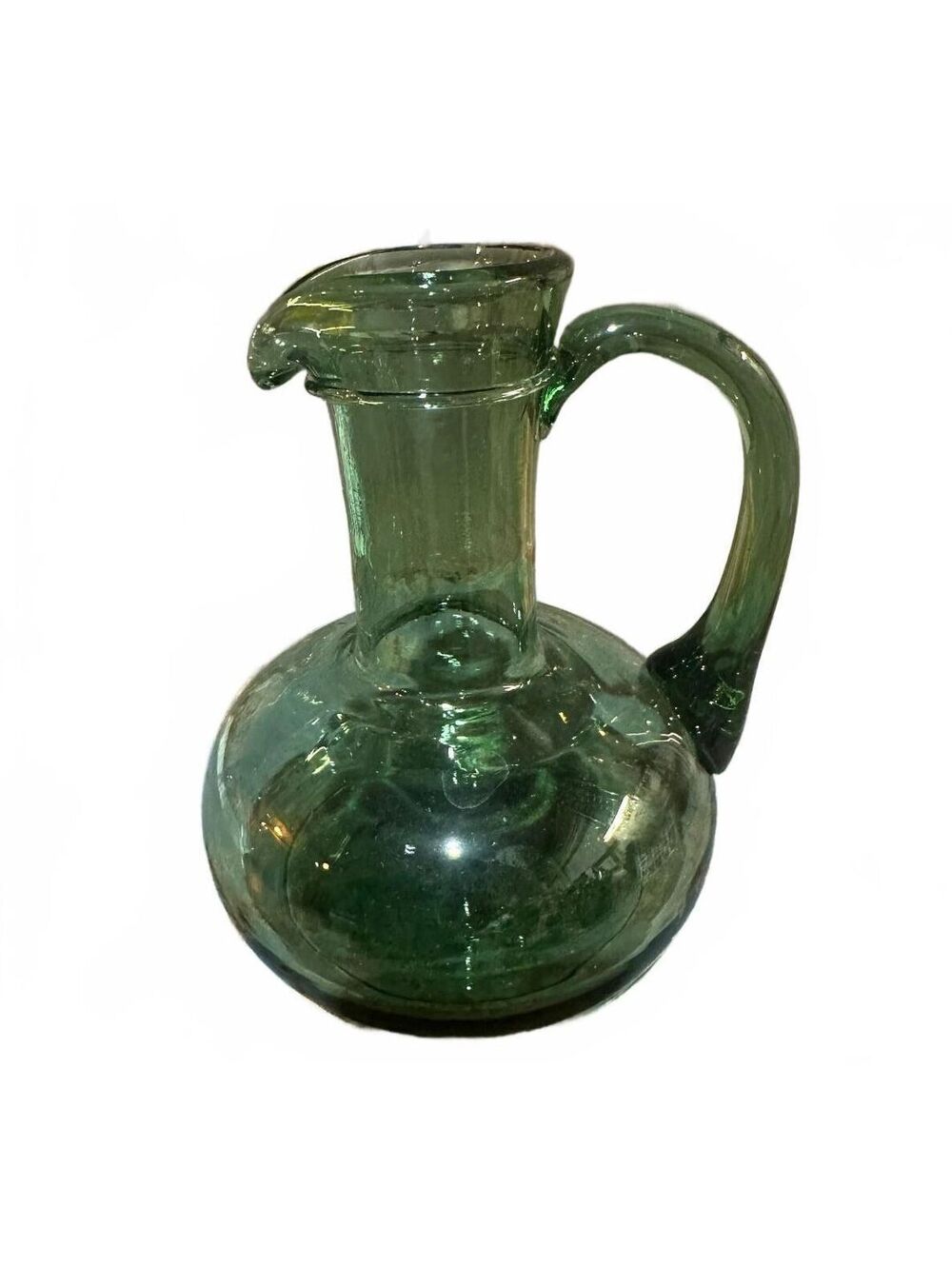 Vintage Green Hand Blown Art Glass Pitcher Applied Handle